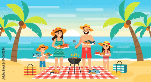 Family Beach Cookout Enjoying Fresh Seafood and Holiday Fun Under The Sun
