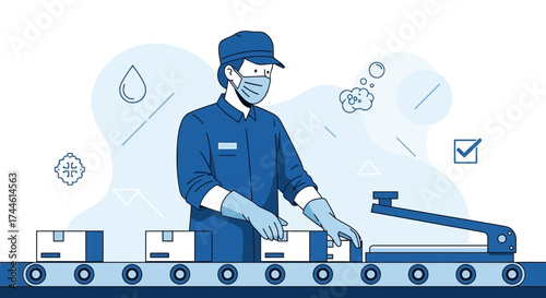 Factory Worker Wearing Face Mask Processing Packages Representing Industrial Production