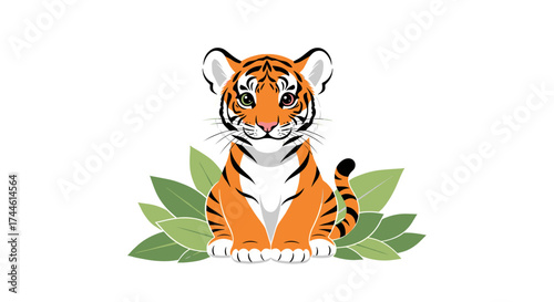 A cute baby tiger sits among green leaves in a playful jungle setting.