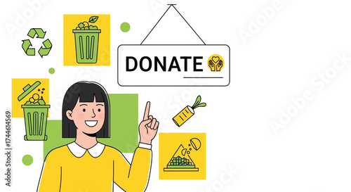 Environmental Awareness Concept Depicted With Woman Pointing Towards Donate Sign
