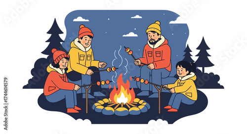 Family Camping at Night Roasting Marshmallows over a Cozy Campfire Illustration