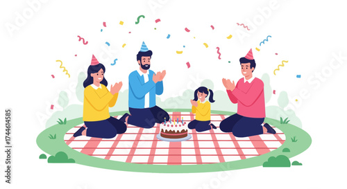 Family Celebrates Birthday Together Happy People Rejoicing Festive Celebration Picnic