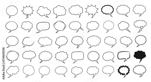 A diverse collection of hand-drawn speech bubbles in various shapes and styles for creative communication.