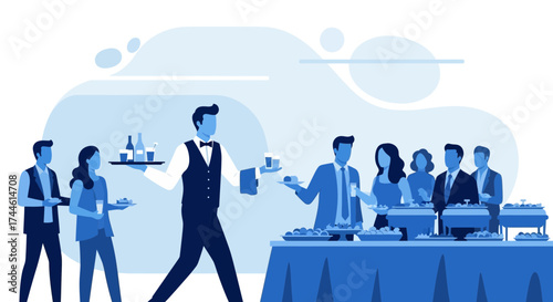 Event Illustration Depicting Gathering, Service, and Food Presentation in a Modern Style