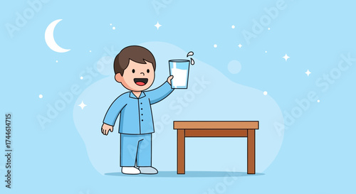 Evening Ritual Of Cheerful Child With Glass Of Milk Under The Night Sky