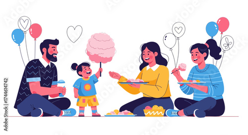 Family Enjoying a Day Out: Illustration of Parents, Children, and Treats at a Gathering