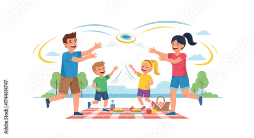 Family Enjoying A Frisbee Game Together During Outdoors Picnic With Smiling Faces