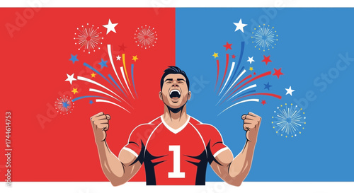 Excited Athlete Celebrating Victory with Fireworks Explosions and Number 1 Shirt