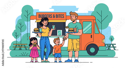 Family Enjoying A Meal At A Burger And Bites Food Truck In A Park Illustration