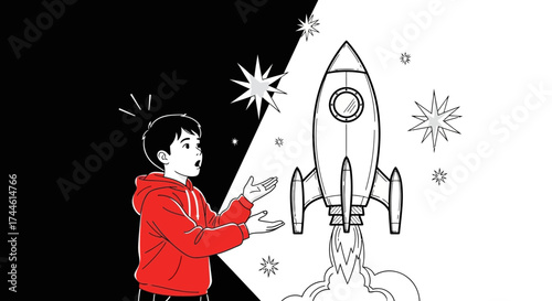 Excited Boy Gazing At Rocket Launch Into Space With Starry Sky Background