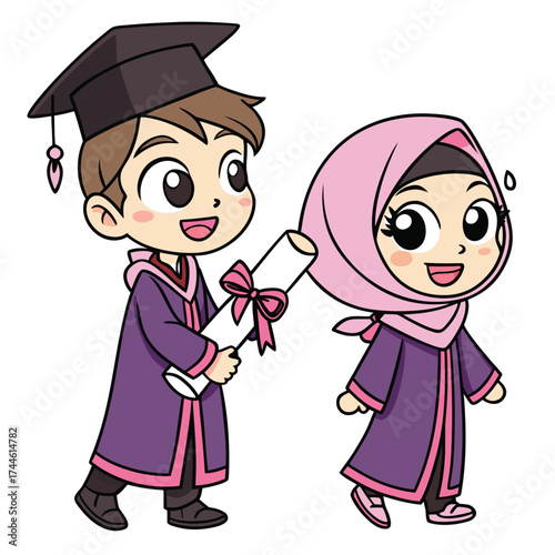 Two cheerful children in graduation outfits. One wears a cap and gown, holding a diploma with a pink ribbon. The other wears a pink hijab and matching gown. They’re walking side by side.