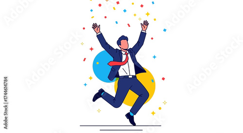 Excited Businessman Celebrates Success, Jumping With Joy And Colorful Confetti Falling
