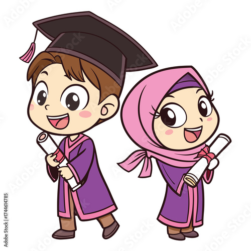 A cute cartoon illustration of two happy children dressed in graduation robes.