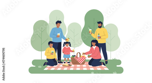 Family enjoying a picnic in the park with drinks and a checkered blanket for fun