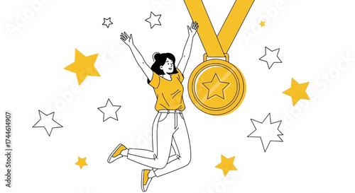 Excited Female Celebrates Success, Winner Receives Gold Medal, Achievement Concept