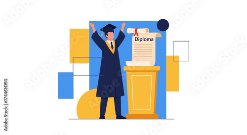 Excited Graduate Celebrates Academic Achievement With Diploma Document And Podium