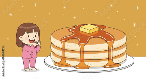 Excited Girl Ready to Enjoy a Delicious Stack of Syrup-Drenched Pancakes at Breakfast