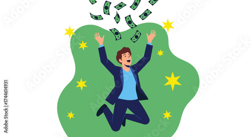 Excited Man Celebrating Financial Success With Cash Falling From Above