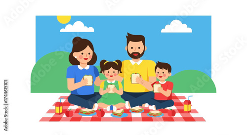 Family Enjoying Picnic Outdoors with Food and Drinks at Sunny Day for Illustration
