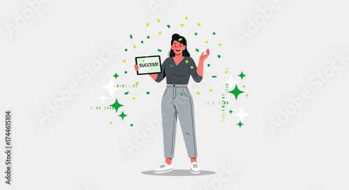 Excited Woman Celebrating Business Victory With Tablet Confetti And Sparkling Graphic Elements