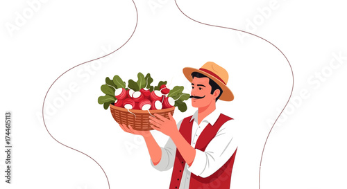 Farmer Presenting Fresh Harvest of Radishes, Illustration Depicting Agriculture and Vegetables