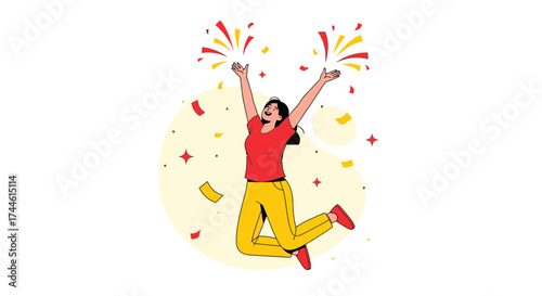 Excited Woman Jumping For Joy With Confetti Celebration In A Flat Illustration Style