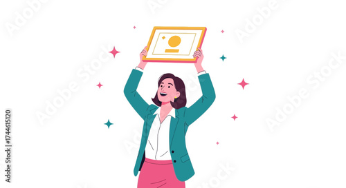 Excited Woman Displaying Award Certification After An Outstanding Achievement Celebration