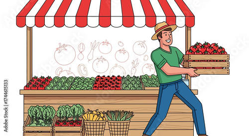 Farmer Presenting Fresh Produce Displayed At A Vibrant Vegetable Stand