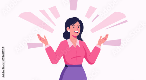Excited Woman Reaching Upward With Pink Burst Illustrating Brilliant Idea or Concept