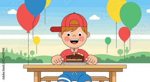 Excited Young Boy Celebrating Birthday With Delicious Cake and Vibrant Balloons