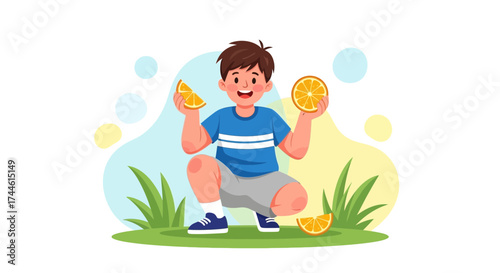 Excited Young Boy Displaying Orange Slices While Squatting on Green Grass Outdoors