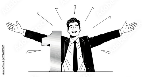 Excited Young Man Celebrating Success Reaching Out To The World