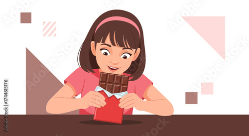 Excited Young Girl Preparing To Enjoy Sweet Treats Chocolate Bar Delightfully