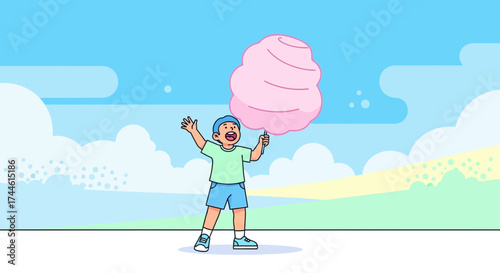 Excited Youngster Delighted With Gigantic Pink Cotton Candy Outdoor Delight