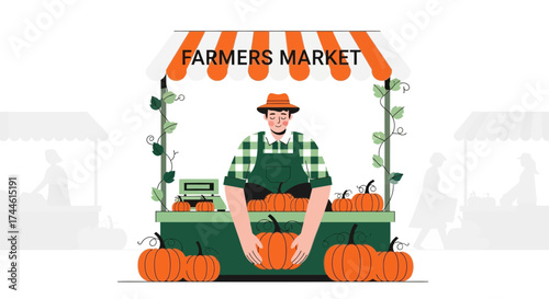 Farmer Presenting Pumpkins In His Market Stall With Marketgoers Silhouettes Around