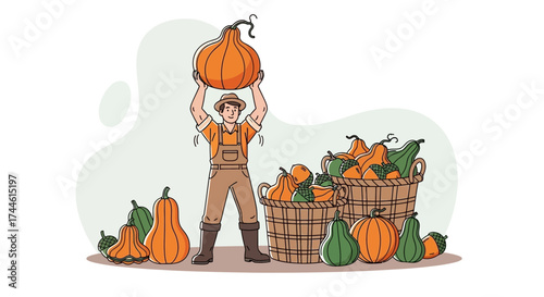 Farmer Proudly Holding A Huge Pumpkin Above His Head Near Harvested Gourds