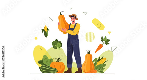 Farmer Displaying Harvested Gourds and Assorted Vegetables in Colorful Illustration