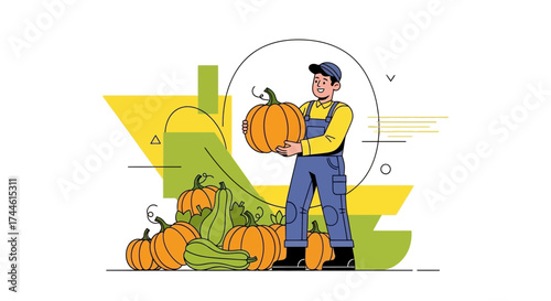 Farmer Displaying Harvested Pumpkins, Offering an Abundance of Autumnal Vegetables