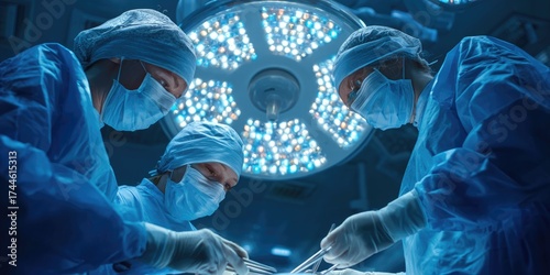 Dedicated nurse team in blue scrubs providing health care remedies to patient under surgical lamp in operating room focused teamwork and compassionate care