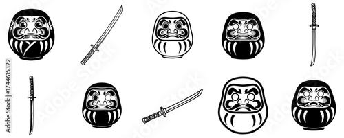 Bold symbolic collection depicting Japanese culture with Daruma dolls and katana swords
