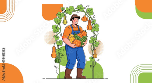 Farmer Displaying Harvested Pumpkins and Gourds Beneath Pumpkin Vine Archway Illustration