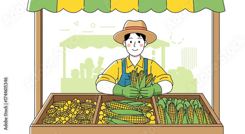Farmer Displays Abundance Of Fresh Corn At A Farm Stand In A Vibrant And Colorful Illustration