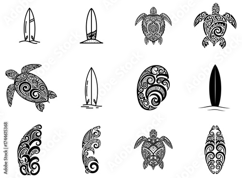 Black line art of beach waves, surfboards and sea turtles for a tropical summer tattoo design