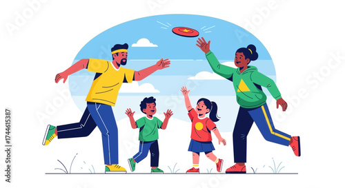 Family Enjoying Time Outdoors Playing With a Frisbee Under a Clear Blue Sky Outdoors