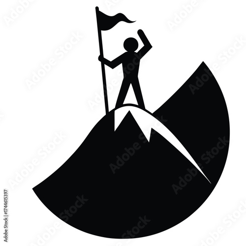 person holding a flag on mountain peak vector icon