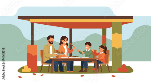 Family Gathered Under Gazebo Enjoying Skewers Preparing Warm Outdoor Moments Together
