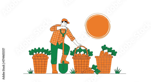 Farmer Harvesting Carrots in Field, Illustration Showcasing a Bountiful Vegetable Harvest Season
