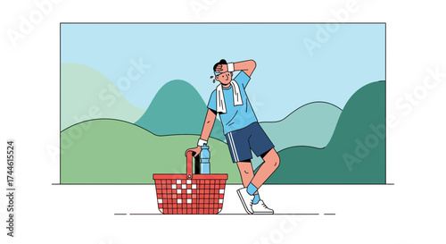 Exhausted runner resting after workout with picnic basket in nature scene