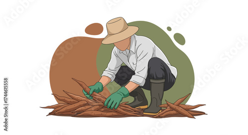 Farmer Harvesting Cassava Roots in the Field, Agricultural Work Illustration