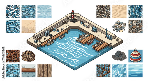 Isometric view of a harbor with boats docked and various texture samples surrounding the scene